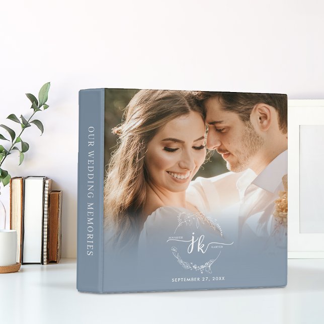 Dusty Blue Floral Wreath Monogram Photo Wedding Binder (Creator Uploaded)