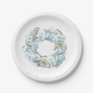 Dusty Blue Floral Wreath Paper Plates