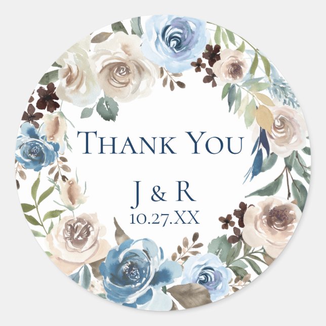 Dusty Blue Floral Wreath Personalized Favour Classic Round Sticker (Front)