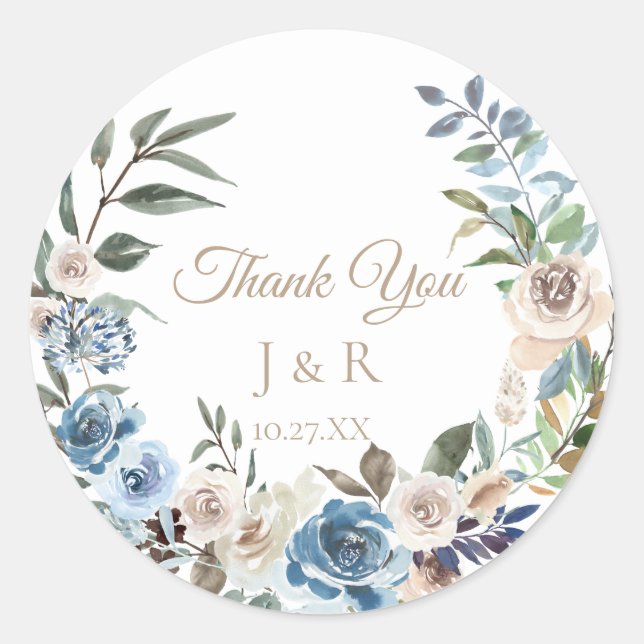 Dusty Blue Floral Wreath Personalized Wedding Classic Round Sticker (Front)