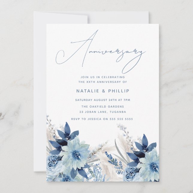 Dusty Blue Florals 50th 60th Wedding Anniversary Invitation (Front)