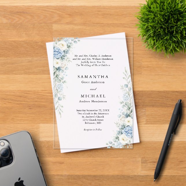 Dusty Blue Florals Both Parents Names Wedding Acrylic Invitations (Insitu (Invitation Card))