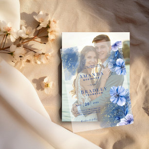 Dusty Blue Florals & Gold Glitter Elegant Wedding  Vellum Invitations