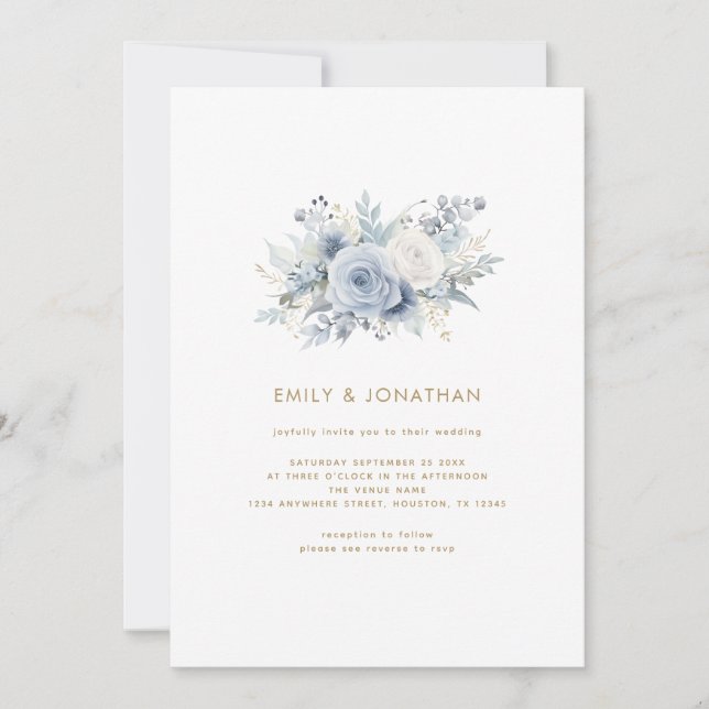 Dusty Blue Florals Gold Script QR Code Wedding Invitation (Front)