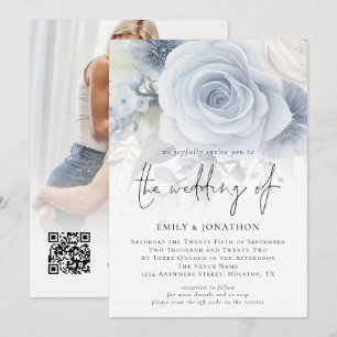 Dusty Blue Florals Overlay Photo QR Code Wedding Invitation