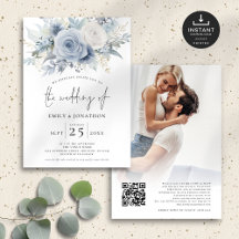 Dusty Blue Florals Photo Overlay QR Code Wedding