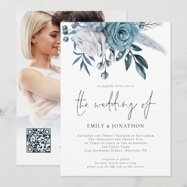 Dusty Blue Florals Photo QR Code Wedding Invitation (Front/Back)
