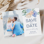 Dusty Blue Florals Photo Save the Date Card<br><div class="desc">This dusty blue florals photo save the date card is perfect for a spring or summer wedding. The dainty design features light blue peonies arranged with peach and cream flowers in a gorgeous bouquet. Personalize the card with your engagement photo,  names,  wedding date and location.</div>