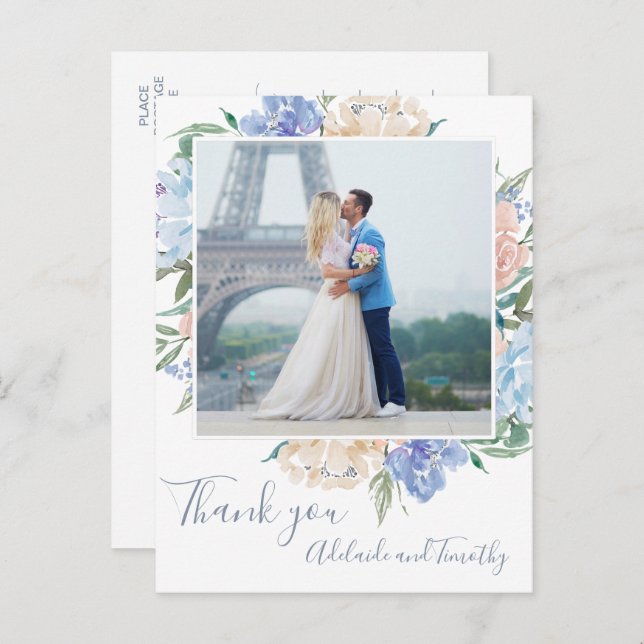 Dusty Blue Florals Photo Thank You Postcard (Front/Back)