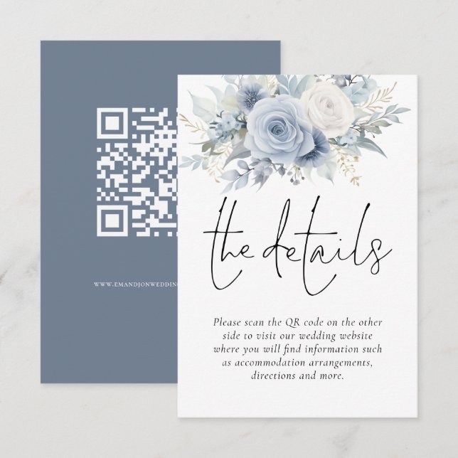 Dusty Blue Florals QR Code Wedding Details Enclosure Card (Front/Back)