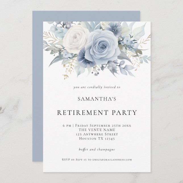Dusty Blue Florals Retirement Party Invitation (Front/Back)