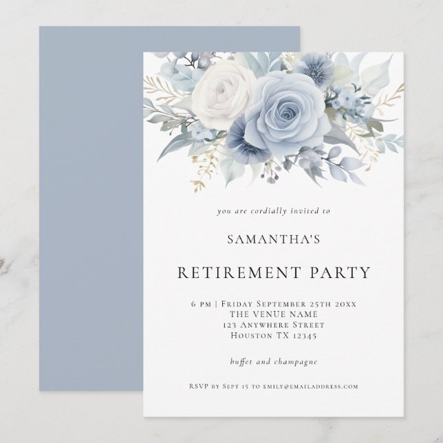 Dusty Blue Florals Retraite Party Invitation (Devant / Derrière)
