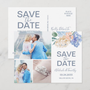 Dusty Blue Florals Save the Date 3 Photo Postcard
