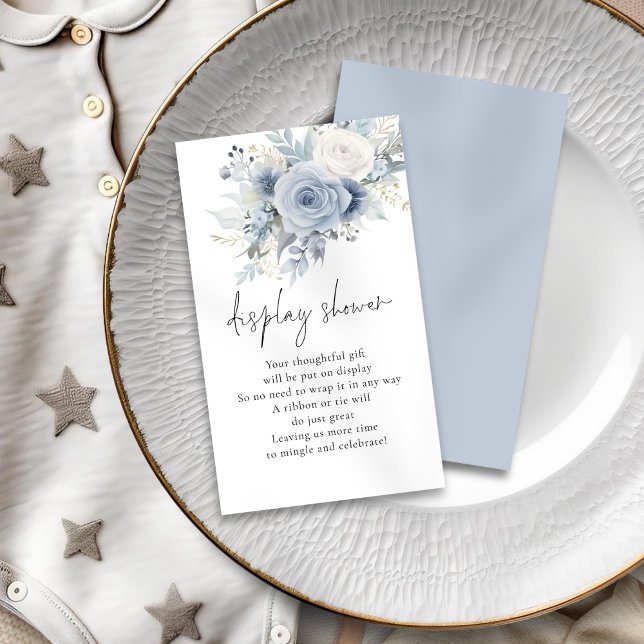 Dusty Blue Florals Script Display Baby Shower  Enclosure Card (Front and Back View)