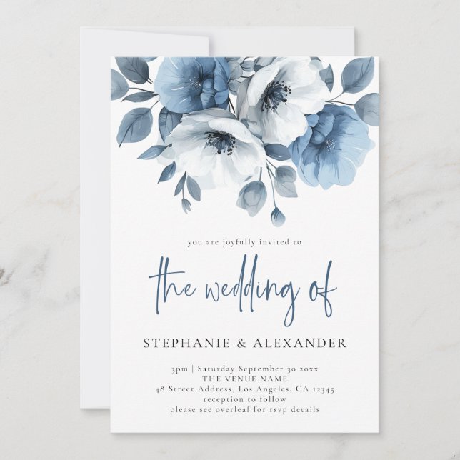Dusty Blue Florals Script QR Code Wedding Invitation (Front)