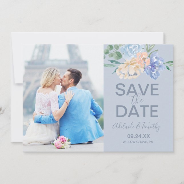 Dusty Blue Florals | Slate Photo Save The Date (Front)