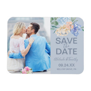 Dusty Blue Florals Slate Photo Save the Date Magnet
