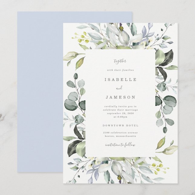 Dusty Blue Florals Wedding Invitation (Front/Back)