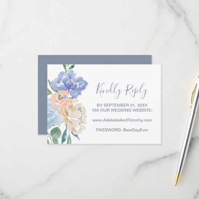 Dusty Blue Florals Wedding Website RSVP Card (Front/Back In Situ)