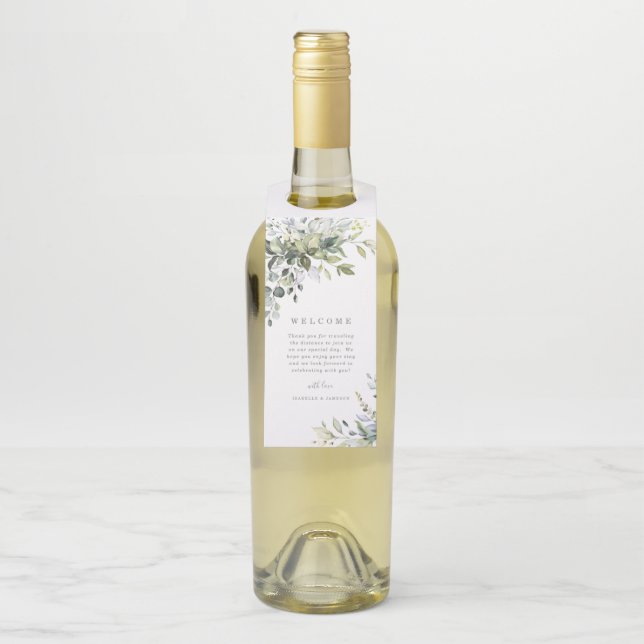 Dusty Blue Florals Welcome Bottle Hanger (On Bottle)
