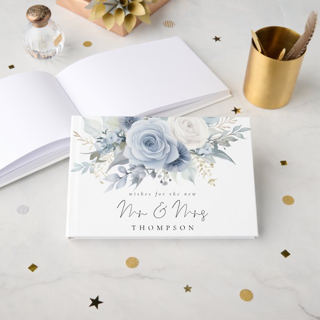 Dusty Blue Florals Wishes New Mr Mrs Guest Book (Front Open)