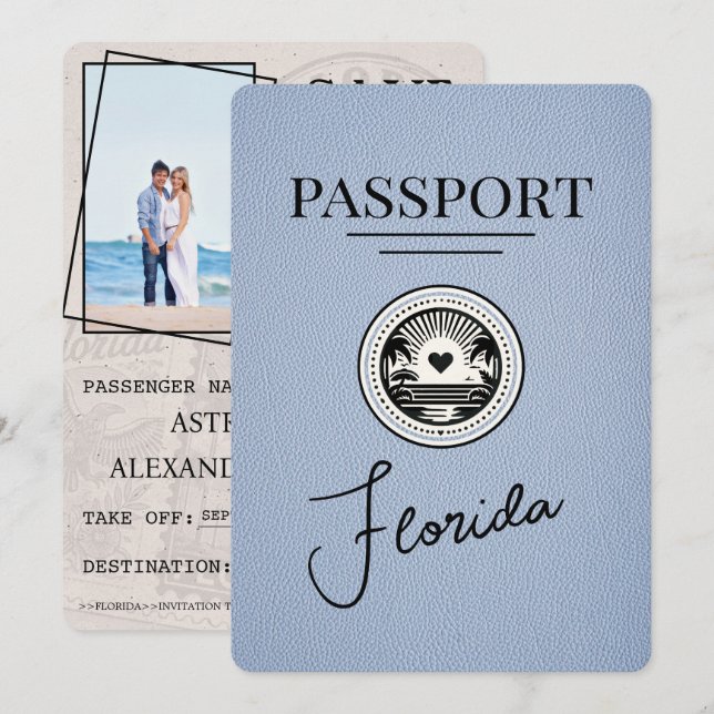 Dusty Blue Florida Passport Save The Date (Front/Back)