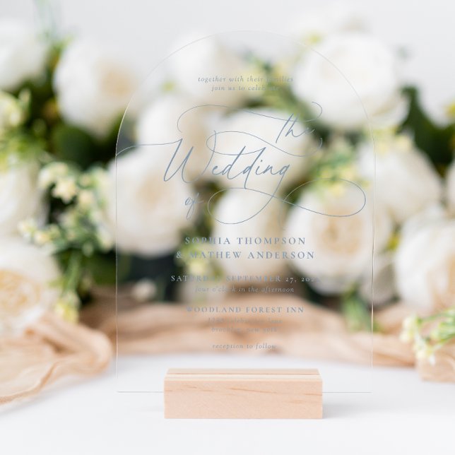 Dusty Blue Flourish Calligraphy Wedding Arch Acrylic Invitations (Creator Uploaded)