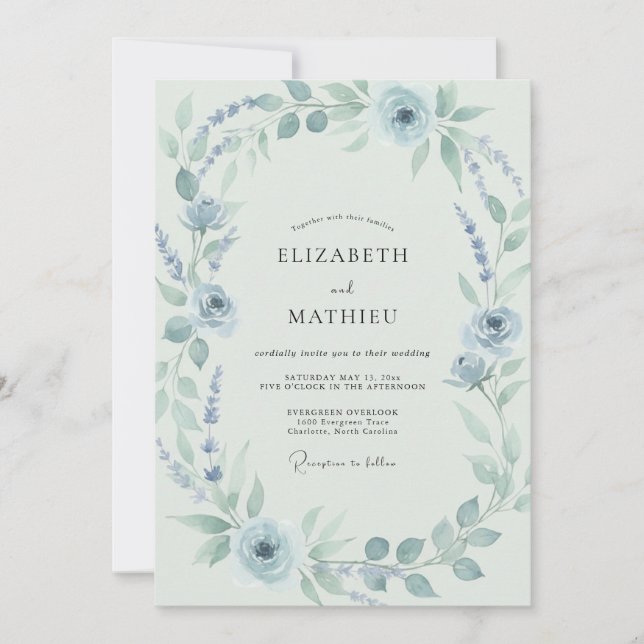 Dusty Blue Flourishing Spring Wedding Invitation (Front)