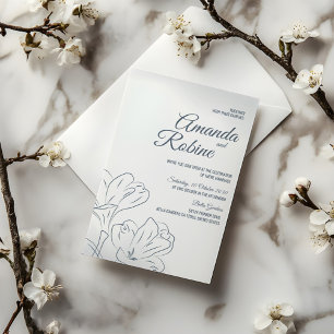 Dusty Blue Flower Outline Wedding  Invitation