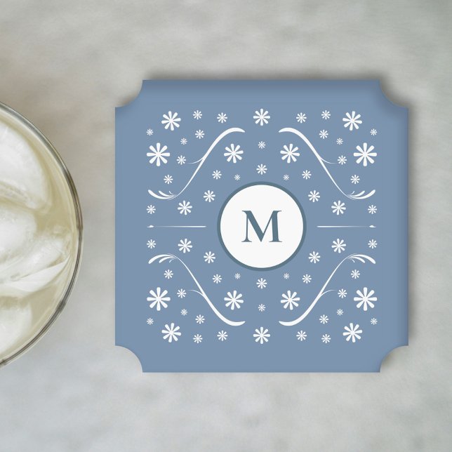 Dusty Blue Flower Power Monogram Coaster (Dusty Blue Flower Power Monogram Coaster)