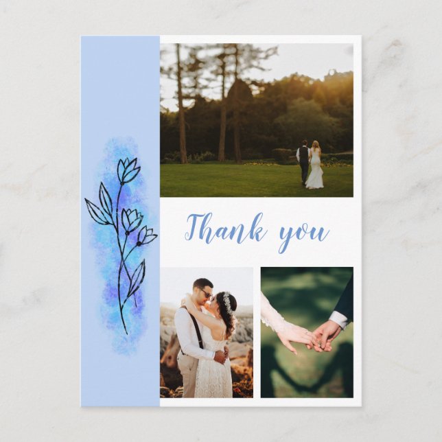 Dusty Blue Flower Thank You Photo Wedding Postcard (Front)
