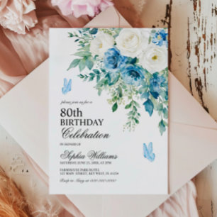 Dusty Blue Flowers 80th Birthday Invitation