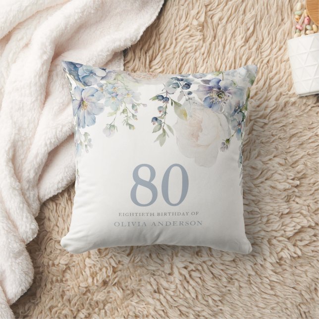 Dusty Blue Flowers 80th Birthday Party Gift Throw Pillow (Blanket)