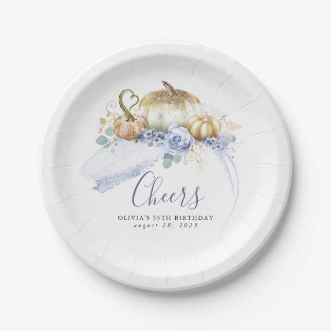 Dusty Blue Flowers and Gold Glitter Pumpkins Fall Paper Plate (Front)
