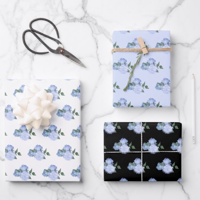Dusty Blue Flowers and Greenery Pattern Wrapping Paper Sheet (Front)