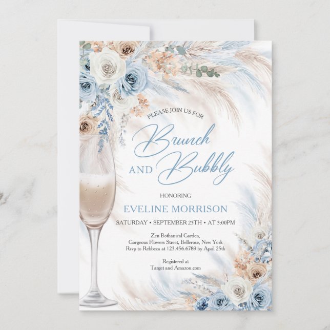 Dusty blue flowers and pampas brunch and bubbly invitation (Front)