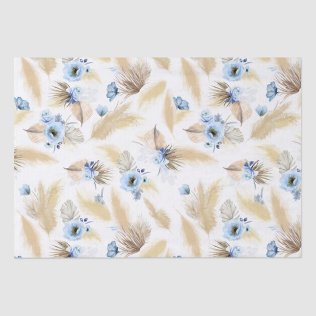 Dusty Blue Flowers and Pampas Grass Exotic Tissue Paper (Front)