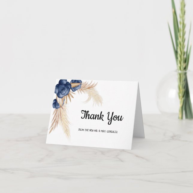 Dusty Blue Flowers and Pampas Wedding Thank you (Front)