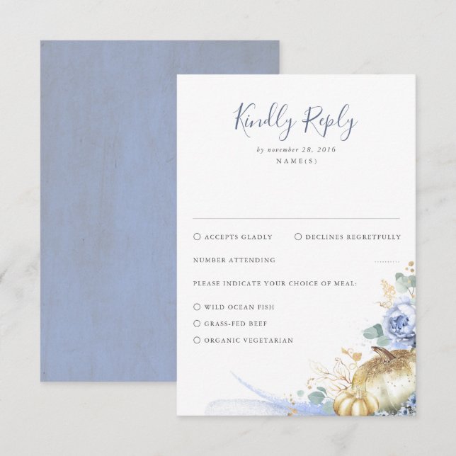 Dusty Blue Flowers and Pumpkins Wedding RSVP Card (Front/Back)