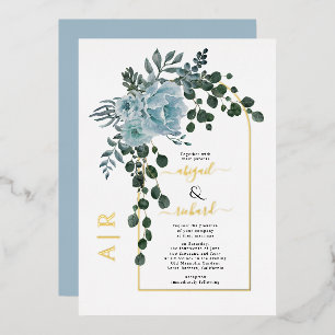 Dusty blue flowers and real gold foil arch wedding