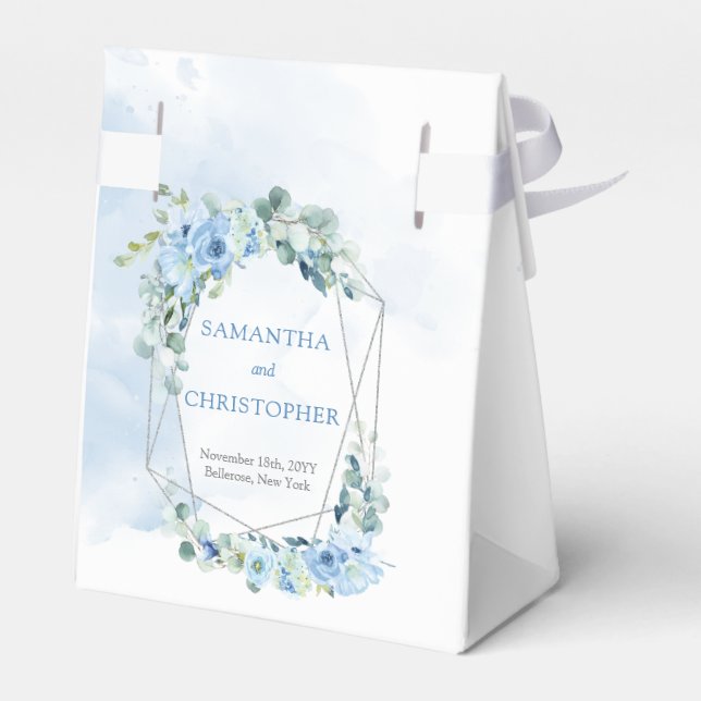 Dusty blue flowers and silver geometric frame favor box (Back Side)