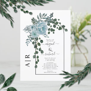Dusty blue flowers arch and monogram wedding invitation