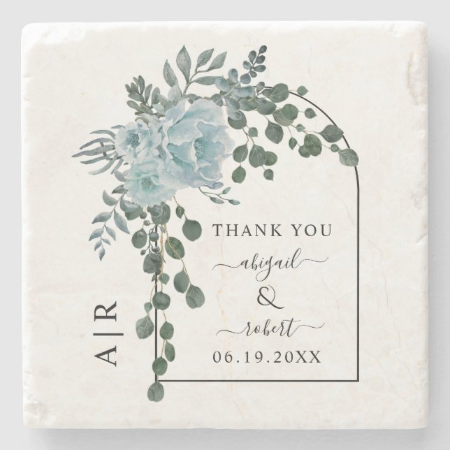 Dusty blue flowers, arch and monogram wedding stone coaster (Front)