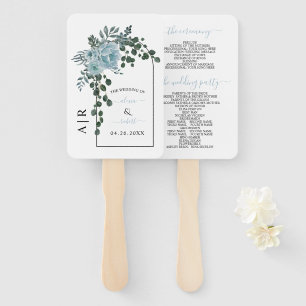 Dusty blue flowers arch, initials wedding program hand fan
