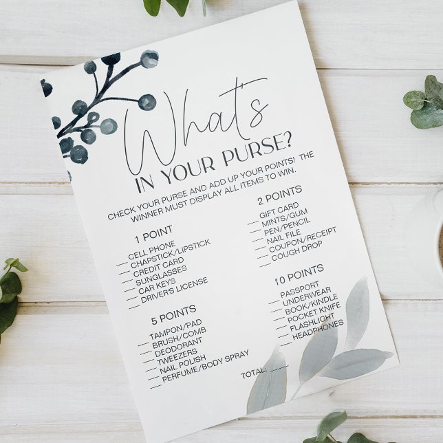 Dusty Blue Flowers Bridal Game Whats In Your Purse Flyer (Creator Uploaded)
