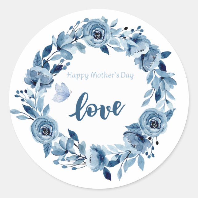 Dusty Blue Flowers Elegant love You Classic Round Classic Round Sticker (Front)