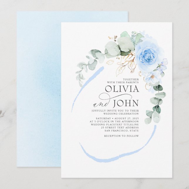 Dusty Blue Flowers Elegant Modern Romantic Wedding Invitation (Front/Back)