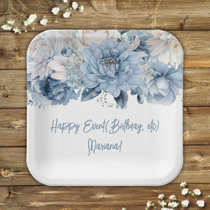 Dusty Blue Flowers Floral Party Paper Plate