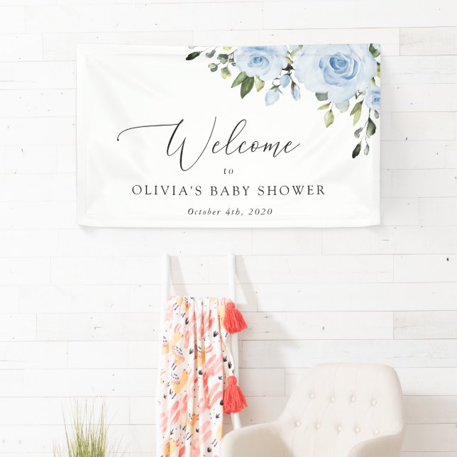 Dusty Blue Flowers, Greenery, Baby Shower Welcome Banner (Insitu)