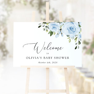 Dusty Blue Flowers, Greenery, Baby Shower Welcome Poster